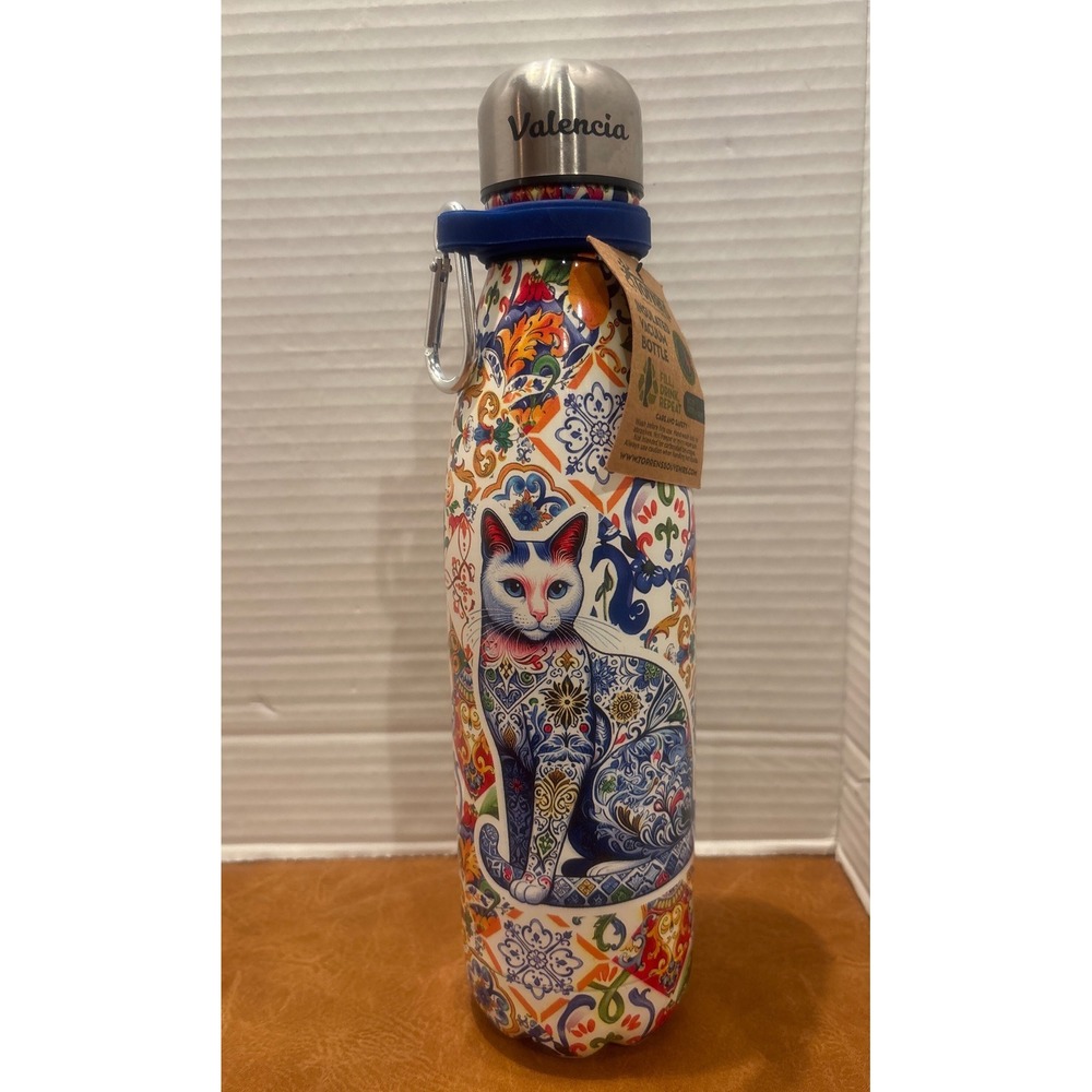 Torrens Valencia Insulated Vacuum Bottle Cat Mosaic Tile Print Carabiner NEW